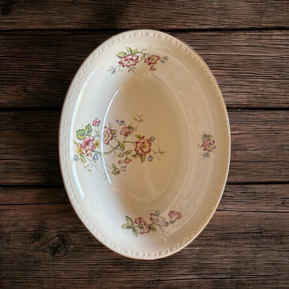 Homer Laughlin Eggshell Georgian Vtg Oval Serving Bowl Pink Floral Garden Gold